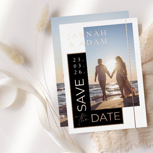 Invitation En Aluminium Black White Photo Wedding Save the Date Rose