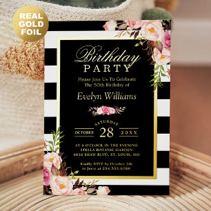 Invitation En Aluminium Black White Stripes Blush Floral fête d'anniversai