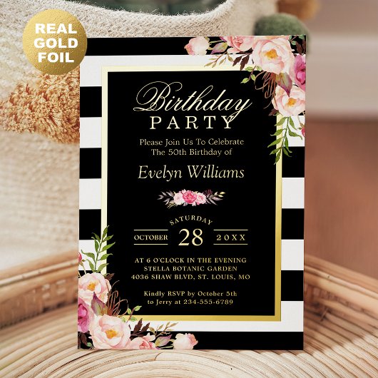 Invitation En Aluminium Black White Stripes Blush Floral fête d'anniversai