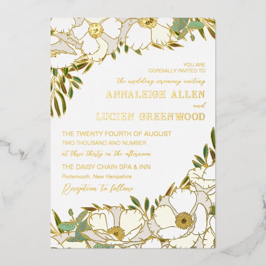 Invitation En Aluminium Blanc Anemones Gold Foil Line Art Mariage (Recto)