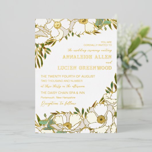 Invitation En Aluminium Blanc Anemones Gold Foil Line Art Mariage (Debout devant)