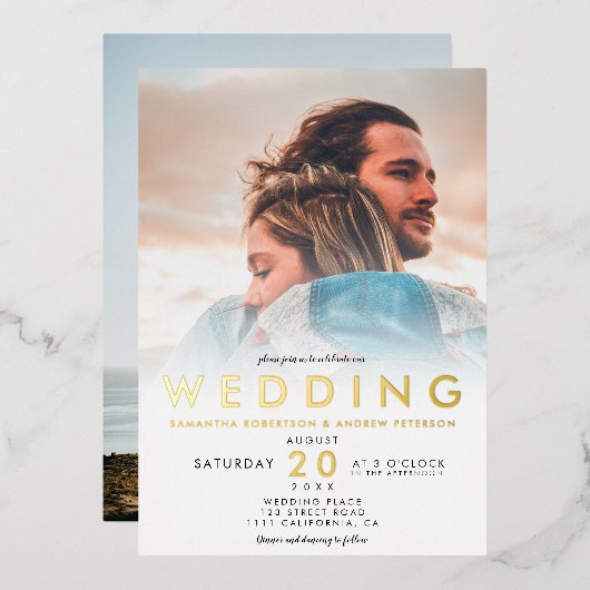 Invitation En Aluminium Blanc moderne ombre simple 2 photos mariage (Recto/Verso)