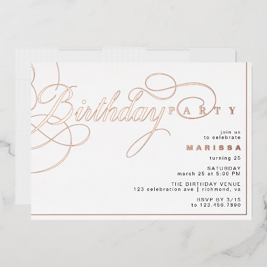 Invitation En Aluminium Blanc & Rose Or Moderne Glam Calligraphie Annivers (Enveloppe)