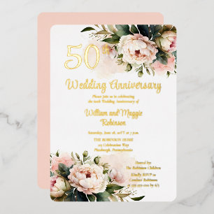 Invitation En Aluminium BLANCHE  Pink Peonies 50e fête d'anniversaire du M