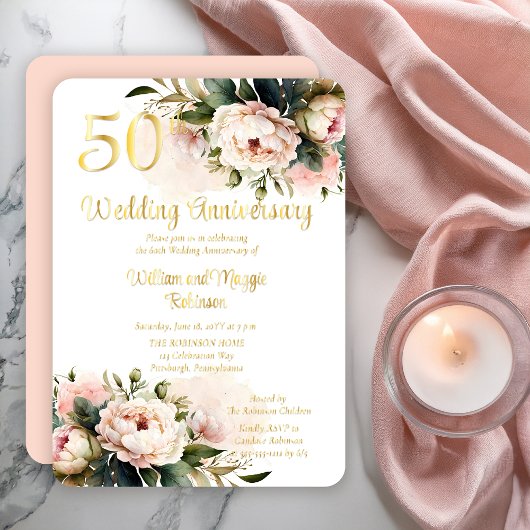Invitation En Aluminium BLANCHE |Pink Peonies 50e fête d'anniversaire du M