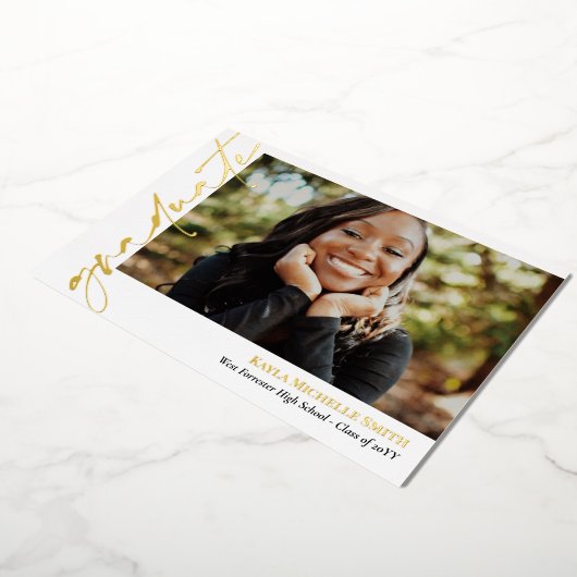 Invitation En Aluminium Blancs Gold Calligraphy Photo Graduation (Rotation)