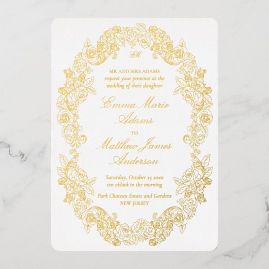 Invitation En Aluminium Blason Baroque Élégant Monogramme Fond Blanc Maria (Recto)