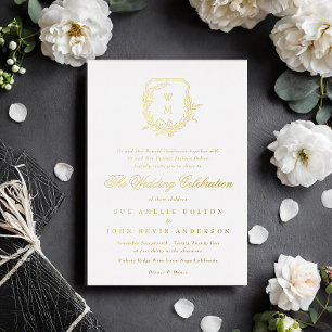 Invitation En Aluminium blason de mariage or monogrammé blanc classique