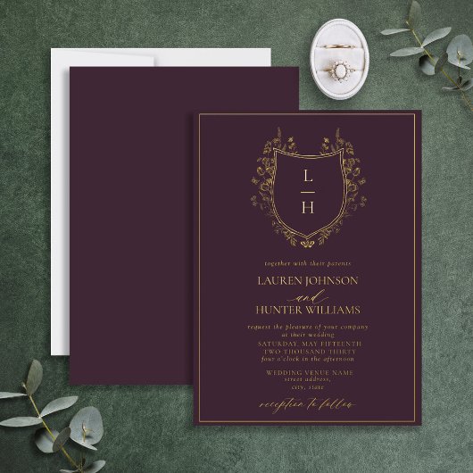 Invitation En Aluminium Blason de monogramme de fleur sauvage violette cla