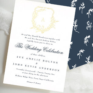 Invitation En Aluminium blason de monogramme or botanique bleu marine form