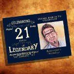 Invitation En Aluminium Bleu 21e Anniversaire Or Vintage<br><div class="desc">Célébrez cette étape spéciale avec une invitation à l'or Vintage Gold Foil 21st Birthday vraiment luxueuse et unique. Notre design exclusif présente un script rétro vintage avec une feuille d'or pour faire briller cette invitation. Créez un look personnalisé en ajoutant une photo préférée et du texte customisé pour en faire...</div>