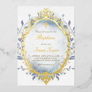 Invitation En Aluminium bleu aquarelle argent cadre hiver Baptême