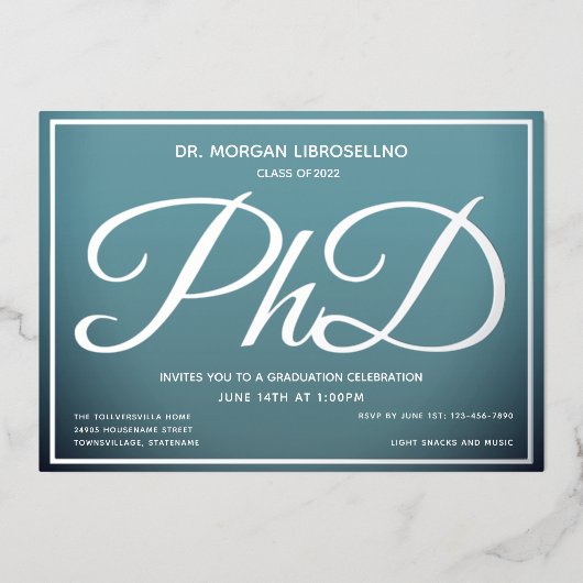 Invitation En Aluminium Bleu Argent Doctorat (Recto)