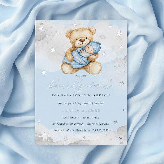 Invitation En Aluminium Bleu Argent Nous Pouvons Attendre Baby shower