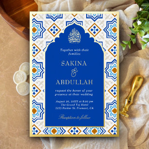Invitation En Aluminium Bleu Azur Persan Mosaïque Musulman Mariage Or