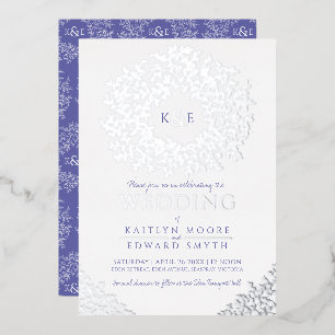 Invitation En Aluminium Bleu blanc mariage couronne feuille argent