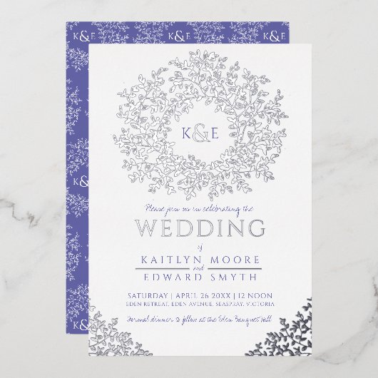 Invitation En Aluminium Bleu blanc mariage couronne feuille argent (Recto/Verso)