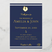 Invitation En Aluminium Bleu bleu marine Ancre Mariage or (Recto)