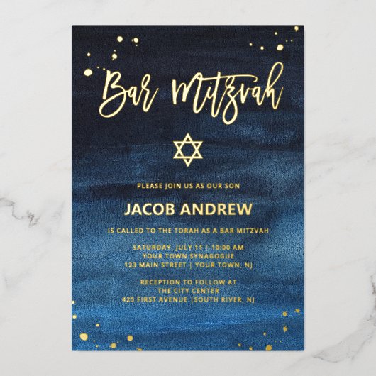 Invitation En Aluminium Bleu brillant et Gold Bar Mitzvah (Recto)