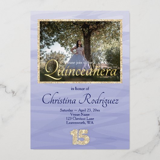 Invitation En Aluminium Bleu clair élégant, Parties scintillant or 15 Quin (Recto)