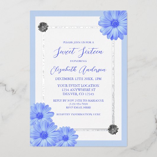 Invitation En Aluminium Bleu clair Floral Élégant Sweet sixteen (Recto)