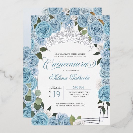 Invitation En Aluminium Bleu clair Rose Princesse Quinceanera Tiara Real (Recto/Verso)