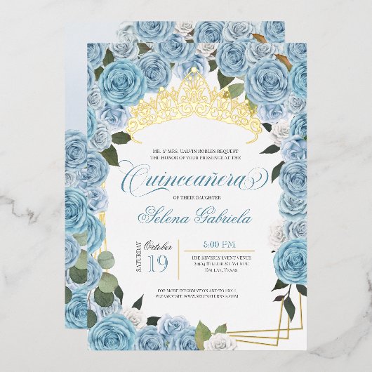 Invitation En Aluminium Bleu clair Rose Princesse Quinceanera Véritable Or (Recto/Verso)