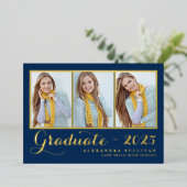 Invitation En Aluminium Bleu de la Marine Trois photo Collage Graduation (Debout devant)