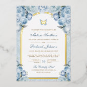 Invitation En Aluminium Bleu doux Arc Floral Papillon Mariage Or (Recto)