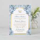 Invitation En Aluminium Bleu doux Arc Floral Papillon Mariage Or (Debout devant)