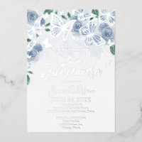 Bleu Dusté Floral Quinceanera Papillon Argent