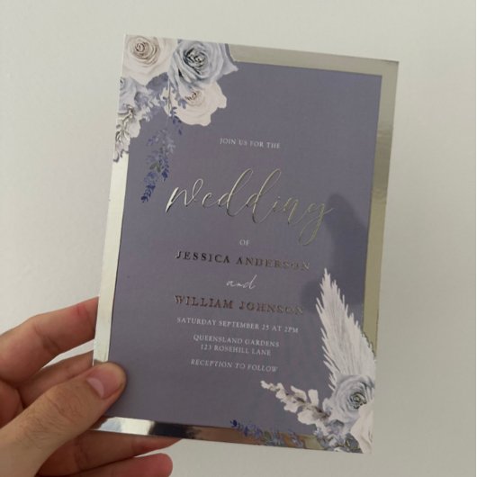 Invitation En Aluminium Bleu Dusty Mariage argent