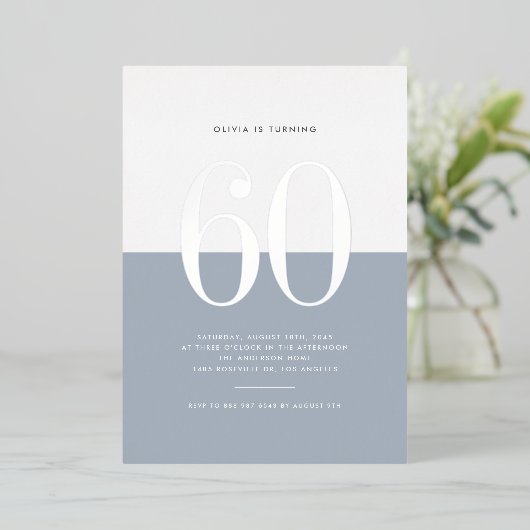 Invitation En Aluminium Bleu Dusty moderne 60e anniversaire Argent (Debout devant)