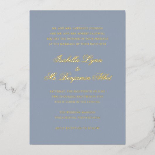 Invitation En Aluminium Bleu Dusty Traditionnel Mariage Élégant (Recto)