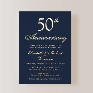 Invitation En Aluminium Bleu Élégant 50e Anniversaire de Mariage Or