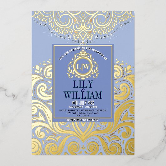 Invitation En Aluminium Bleu Elegant Artdeco Diamant Monogramme Mariage Or (Recto)