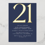 Invitation En Aluminium Bleu et or foncé de la marine | Sleek 21e annivers<br><div class="desc">Minimiser les invitations de 21ème anniversaire avec un grand cap "50" en véritable feuille métallique. Les détails de votre événement sont imprimés ci-dessous en blanc mat. Design Unisex avec accents or sur bleu foncé.</div>