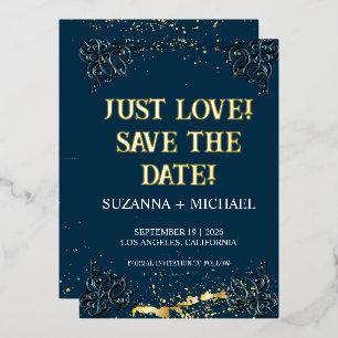 Invitation En Aluminium Bleu et or, vintage, seul amour, sauver la date