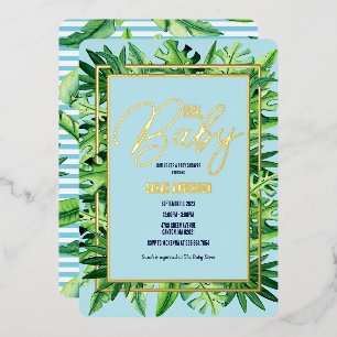 Invitation En Aluminium Bleu et vert Tropical Hey Baby shower