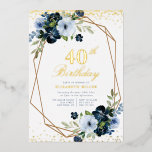 Invitation En Aluminium bleu floral 40e anniversaire or fête<br><div class="desc">Un design à thème en feuille d'or avec une jolie fleur d'aquarelle bleue. Le texte et les couleurs peuvent être personnalisés.</div>