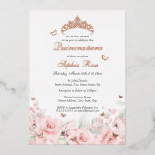 Invitation En Aluminium Bleu floral Rose or papillon Quinceanera (Recto)
