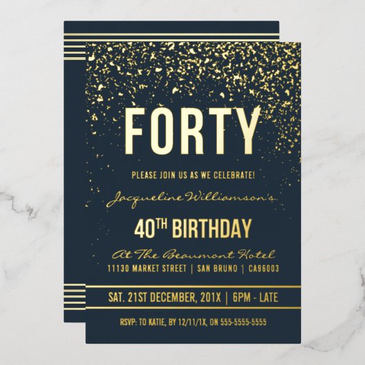 Invitation En Aluminium Bleu foncé | Gold Confetti 40e fête d'anniversaire (Recto/Verso)