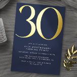Invitation En Aluminium Bleu foncé Marine et or | 30e anniversaire moderne<br><div class="desc">Invitations de style moderne à 30ème anniversaire avec un grand cap "30" en véritable papier métallique. Les détails de votre événement sont imprimés ci-dessous en caractères blanc mat. Design Unisex avec accents or sur bleu foncé. (Les couleurs Arrière - plans peuvent être modifiées à l'aide de l'outil de conception. Vous...</div>