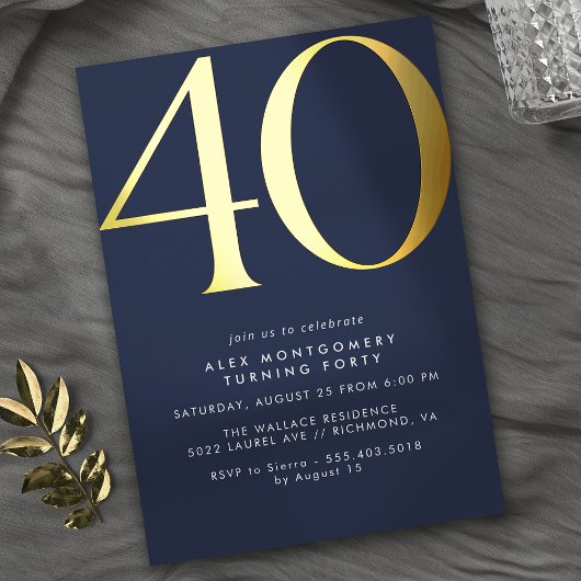 Invitation En Aluminium Bleu foncé Marine + Or | Cool Moderne 40e annivers