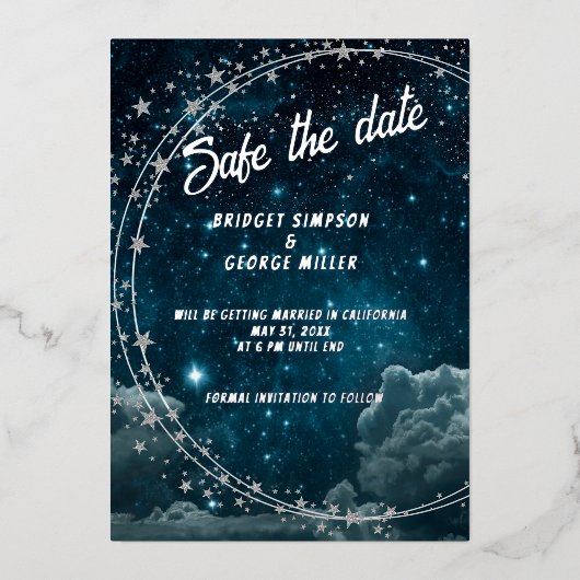 Invitation En Aluminium bleu galaxie ciel mariage sécurité la date (Recto)