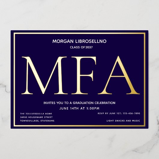 Invitation En Aluminium Bleu Gold MFA Graduation (Recto)