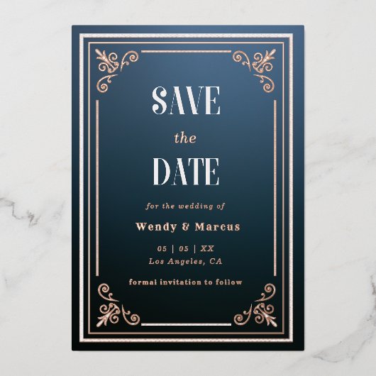 Invitation En Aluminium Bleu gothique et or Rose Enregistrer la date (Recto)