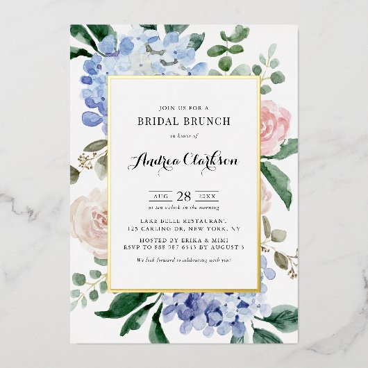 Invitation En Aluminium Bleu Hydrangée et rose roses Brunch nuptial (Recto)