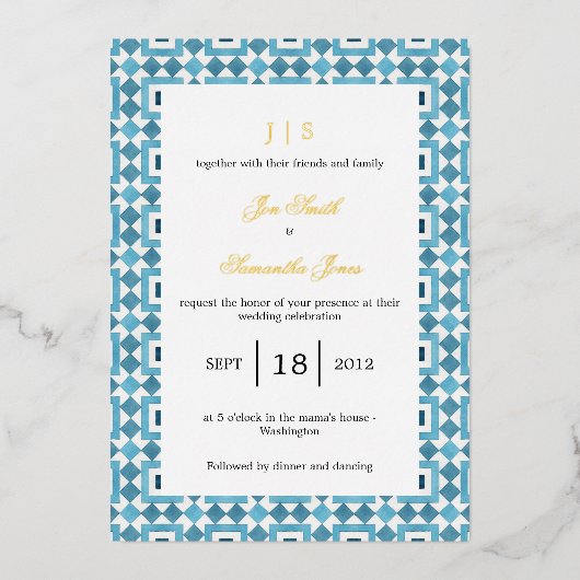 Invitation En Aluminium Bleu italien carreaux Méditerranée (Recto)