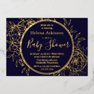 Invitation En Aluminium Bleu marine et or, toile moderne aux pivoines pour